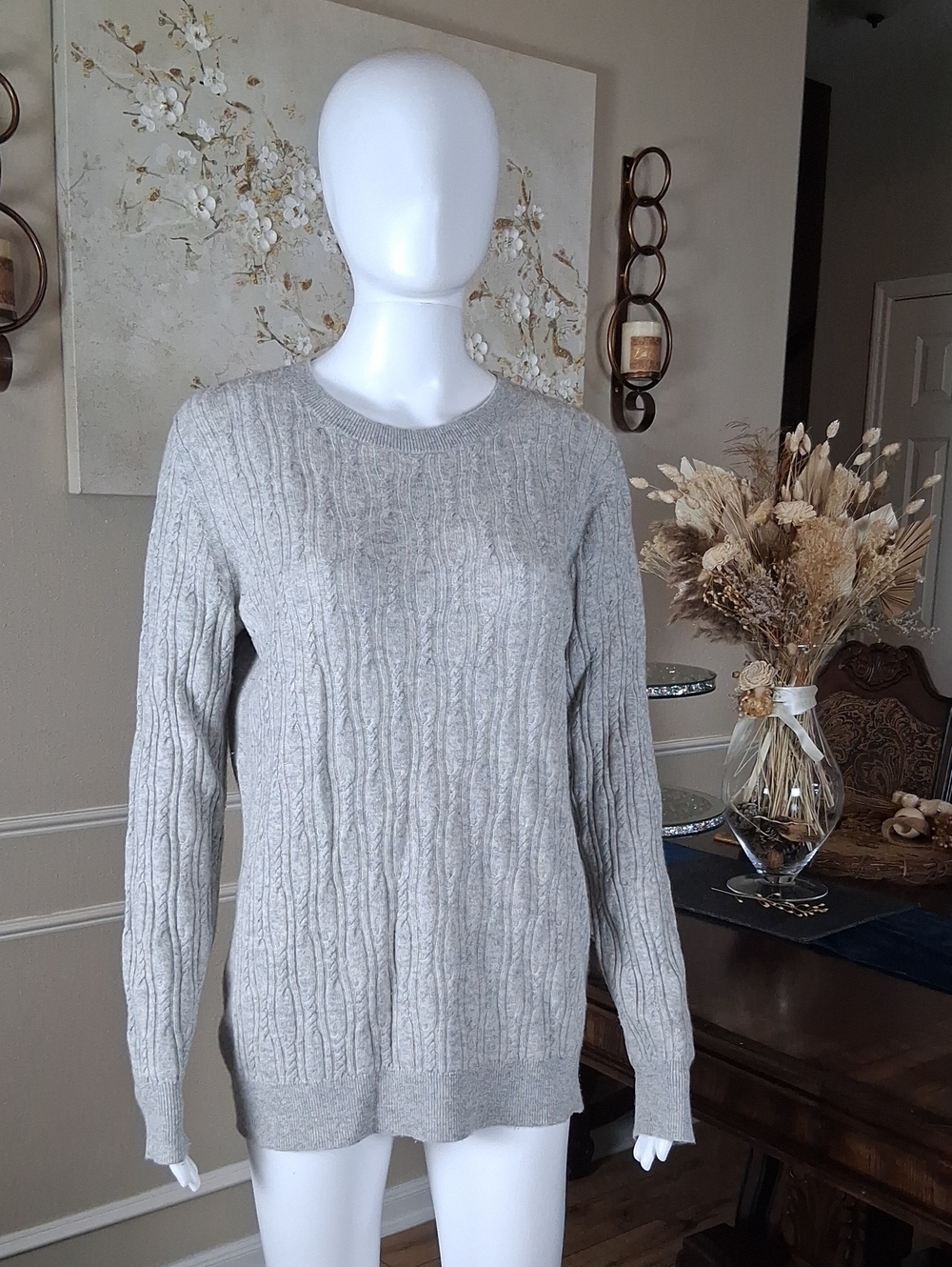 Women's Cable-Knit Crewneck Light Gray Merino Cashemere Blend Large - Picture 9 of 17